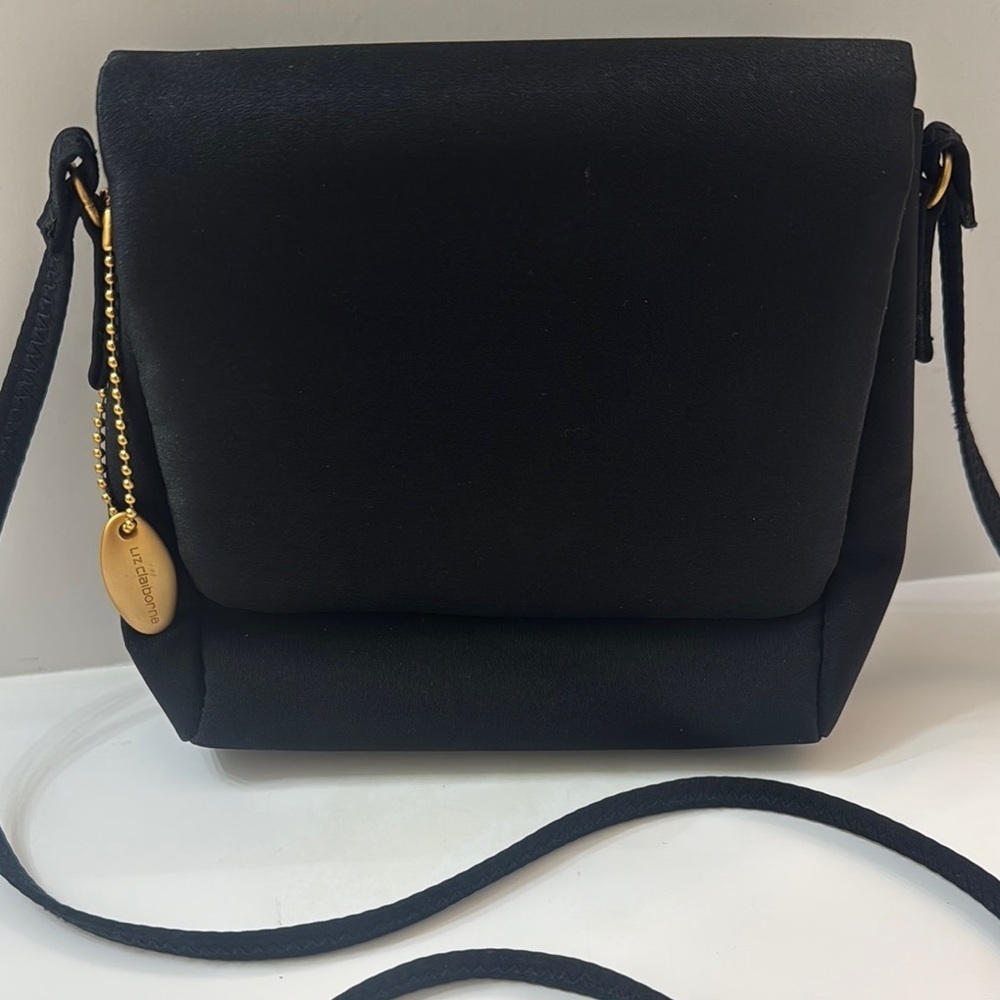 Liz Claiborne Elegant Black Crossbody Bag. Gold colored accents. Skinny strap. - Picture 3 of 9